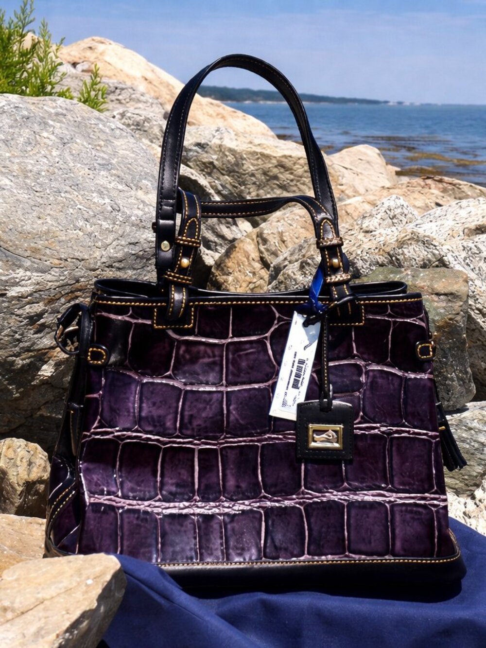 New, D&B Crocodile-Embossed Double Strap Tassel Tote Bag - Picture 2 of 16